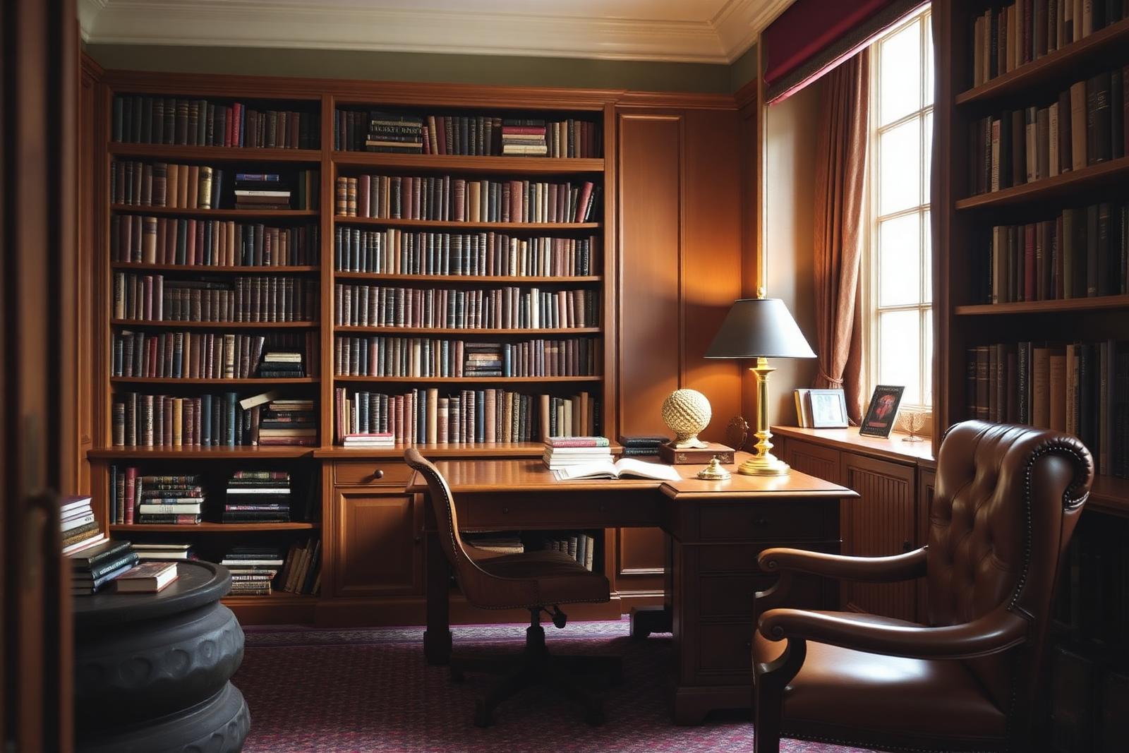 Refined home study with antique desk and shelving